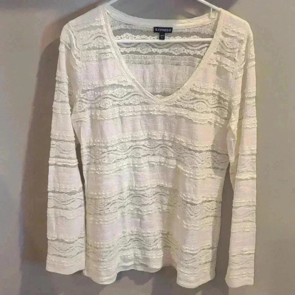 Express women's v-neck long sleeve cream lace top large - Picture 1 of 4